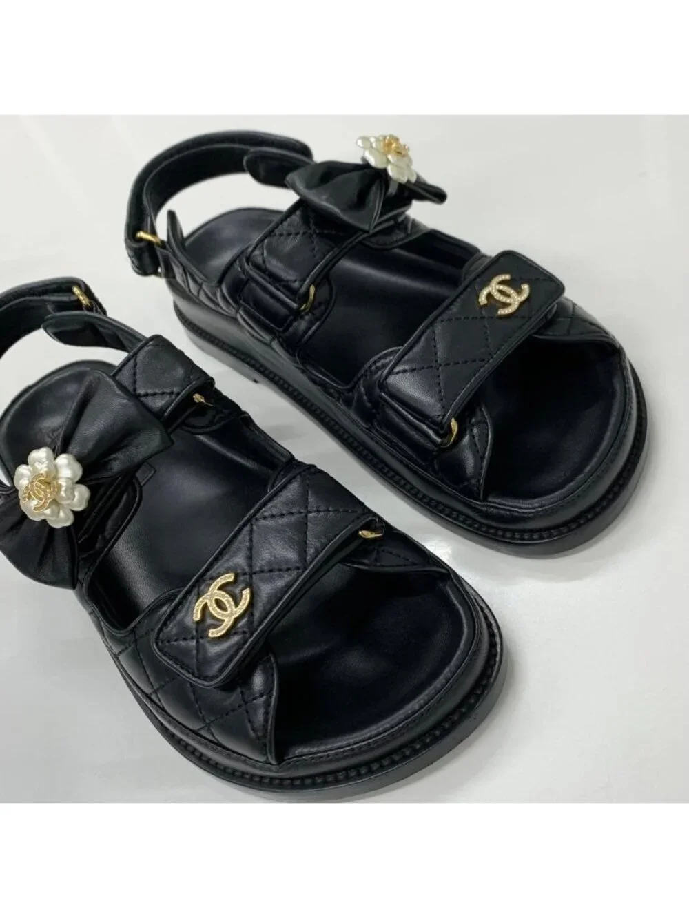 Chanel CC Logo Quilted Camellia Rhinestone Leather Sandals